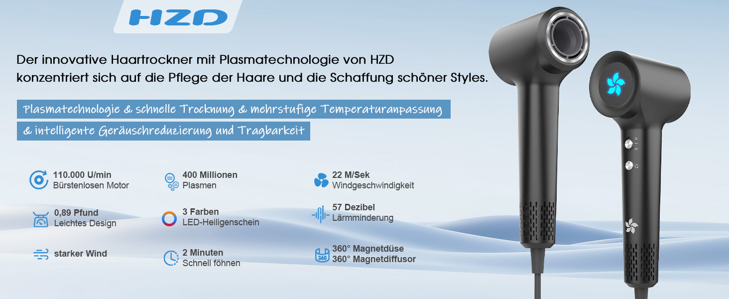 Професійний фен для волосся з дифузором, безщітковий мотор 110 000 об/хв, 400 млн плазмових іонів, низький рівень шуму 57дБ, сірий