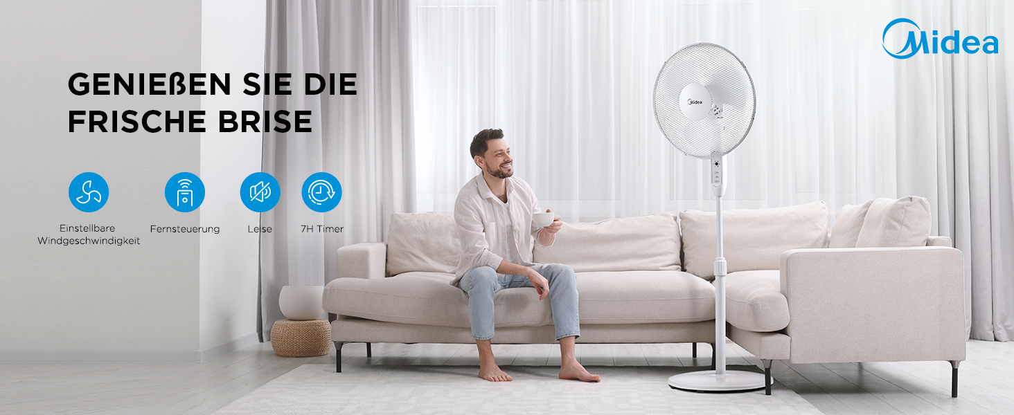 Вентилятор підлоговий Midea FS40-16JRA, 40 Вт, пульт, 3 швидкості, низький рівень шуму (55-65 дБ)