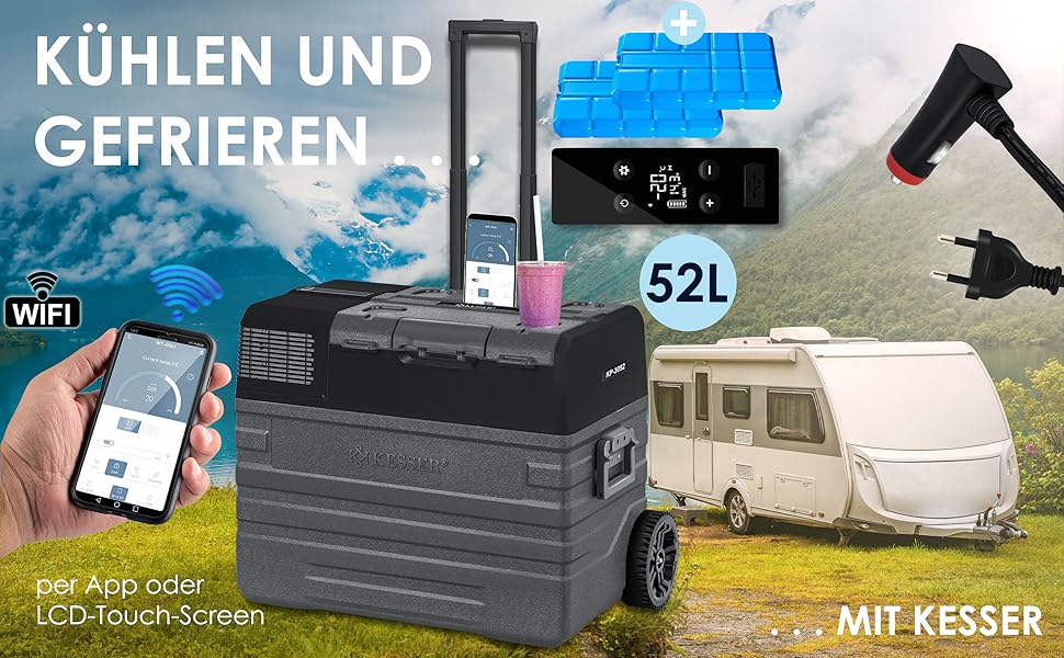 Холодильник-морозильник KESSER® Kompressor 52 л, з керуванням через APP, USB, 12/24/230V, -20°C, для авто/човнів, з телескопічною стійкою та коліщатами