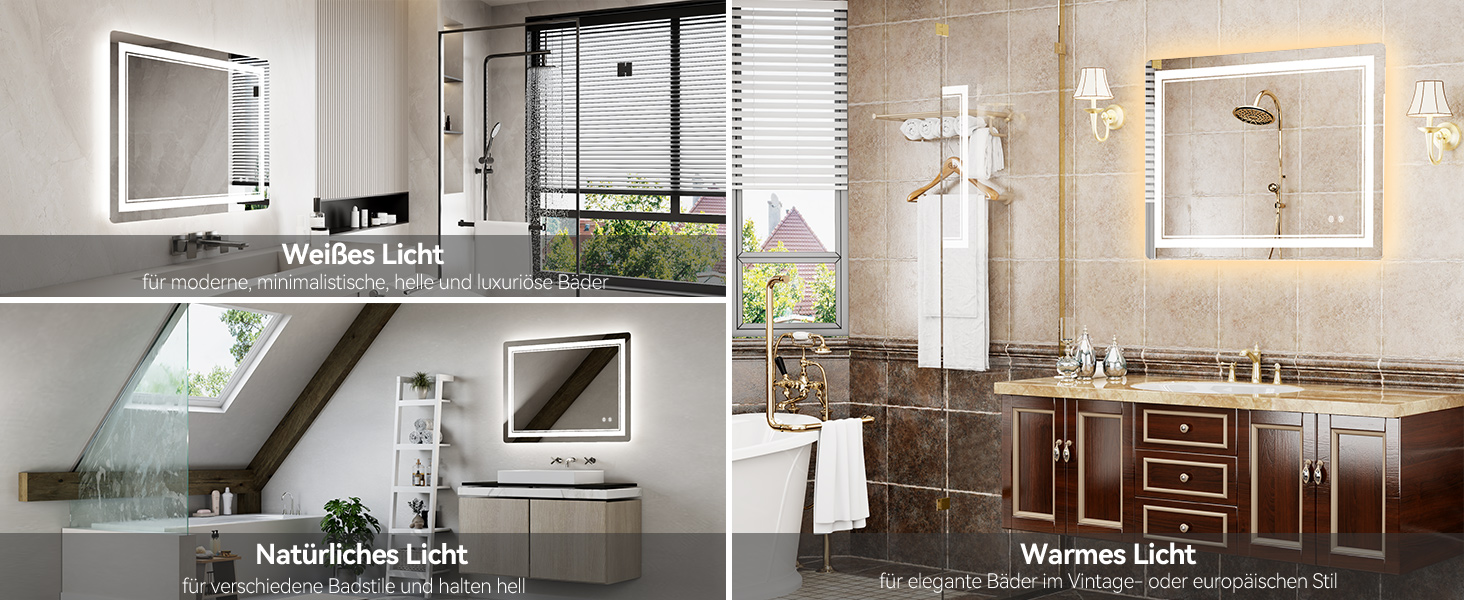 Дзеркало для ванної кімнати зі світлодіодним підсвічуванням 70x50 см, LED Smart дзеркало, антизапар, 3 кольори, регулювання яскравості, горизонтальне/вертикальне кріплення