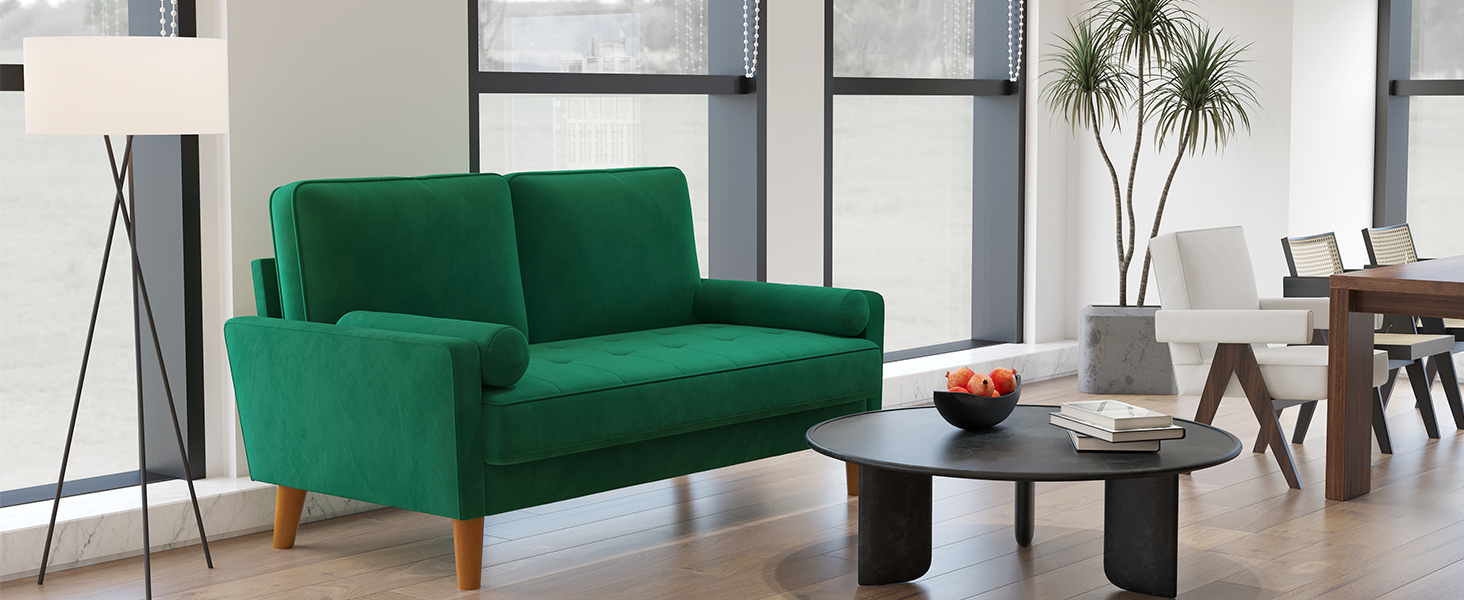 Диван Vesgantti, 2 місця, 121 см, сучасний дизайн, з 2 подушками, для вітальні/квартири/офісу (зелений, велюр)