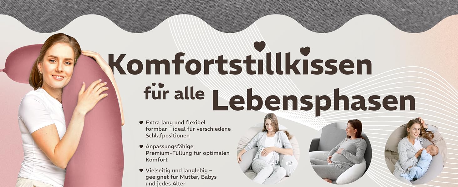 Подушка для годування та вагітності sei Design XXL (190x35 см), ергономічна подушка для сну з чохлом з органічної бавовни муслін, сріблясто-сіра