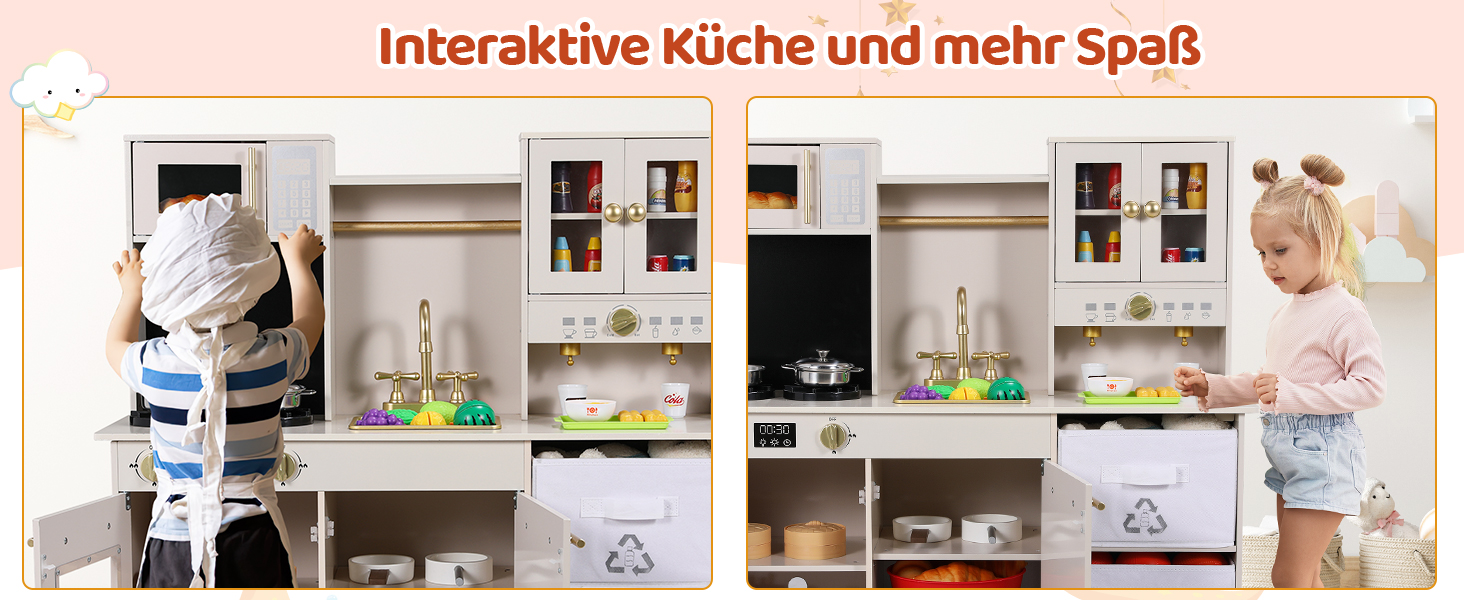 Дерев'яна дитяча кухня MAMIZO з підсвіткою та звуком, 90x30x90 см. Комплект з аксесуарами та 2 ящиками для зберігання. Іграшка для дітей від 3 років, бежевого кольору