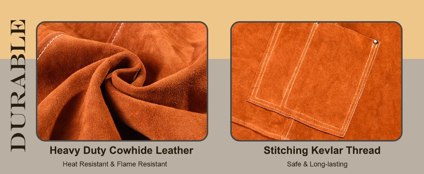 Шкіряний фартух зварювальника LeaSeek – термостійкий та вогнестійкий, з 6 кишенями, регульований, розмір M-XXXL (61x106 см)