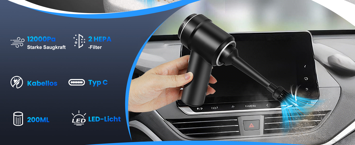 Акумуляторний ручний автомобільний пилосос 12000Па з HEPA-фільтром та LED-підсвіткою, бездротовий міні-пилосос для авто, дому, диванів та шерсті тварин