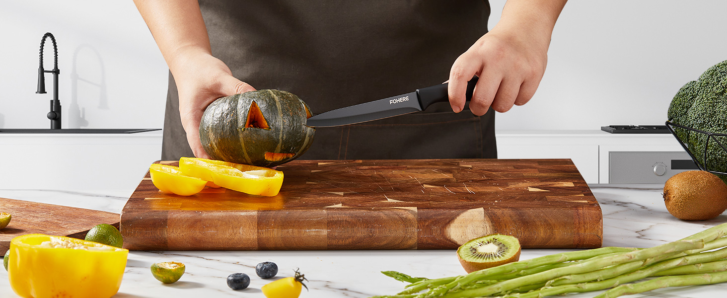 Набір ножів FOHERE 13 предметів з підставкою, нержавіюча сталь, з інтегрованим точилом, антипригарне покриття, ергономічні ручки, чорний граніт