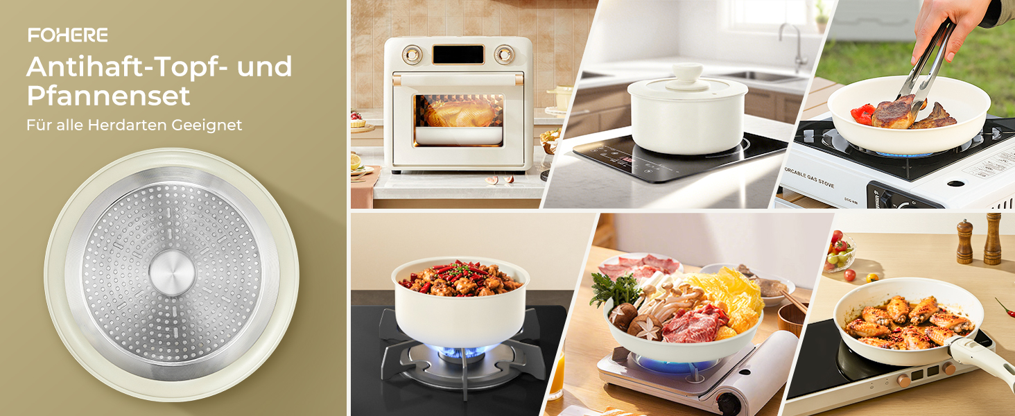 Набір посуду FOHERE 8 предметів: каструлі та сковороди з 2 знімними ручками, сковорода 20/28 см, каструлі 2.6/1.4 л, підходить для всіх плит (індукція), безпечний у духовці та посудомийній машині, бежевий