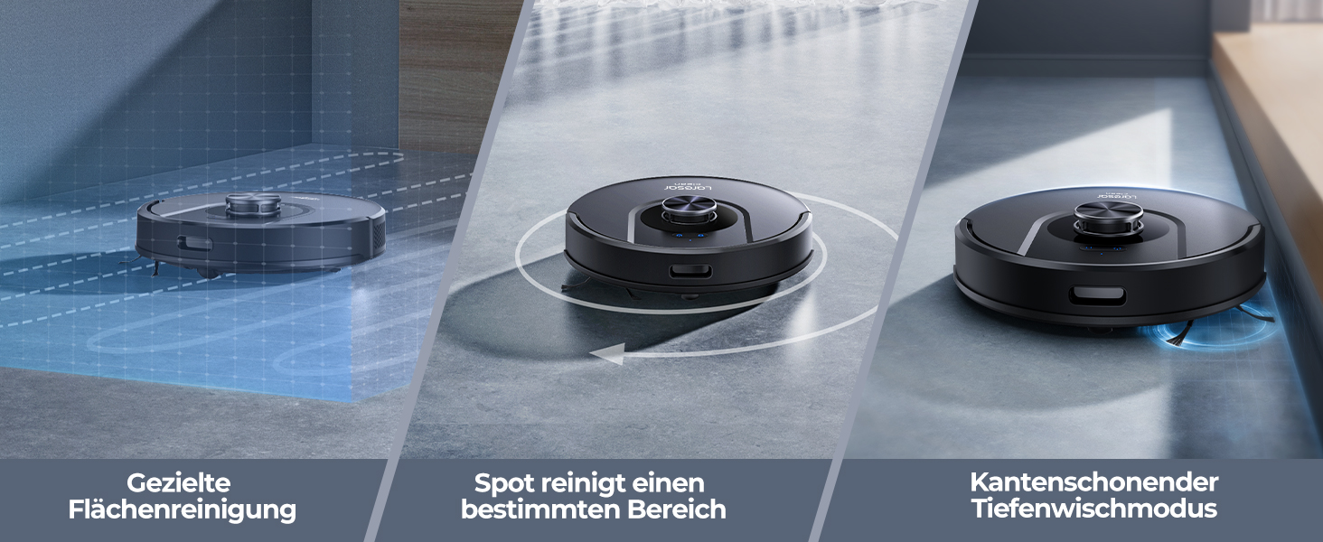 Робот-пилосос Laresar Clean 3-в-1 з функцією миття, 5000Pa, лазерна навігація, 180 хв, для тварин, килимів, твердих підлог, керування через додаток, 15 зон заборони (чорний)