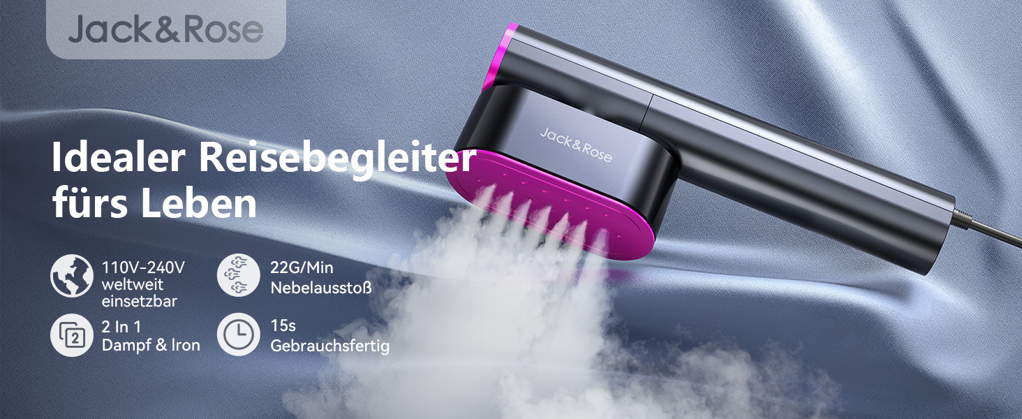 Парoгенератор для одягу Jack & Rose, 110-240V, 1000W, портативний, 2-в-1, для подорожей, сірий