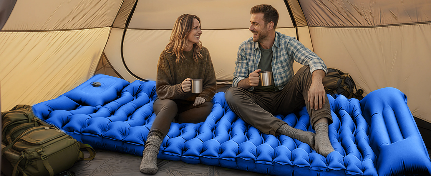 Кемпінговий надувний килимок Yuzonc Isomatte з вбудованим ножним насосом та подушкою, компактний легкий матрац для походів, туризму та пляжу (Blue231)