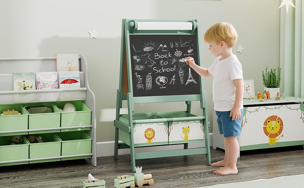 Дитяча мольберт-дошка AIYAPLAY 3 в 1, зелений, з рулоном паперу та кошиками для зберігання, 54x46x94 см