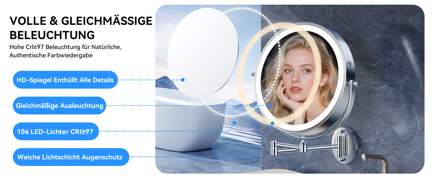 Дзеркало для макіяжу Auxmir з підсвічуванням, перезаряджуване, 3200mAh, для гоління, настінне, з регулюванням яскравості, 3 кольори світла, 360° обертання, для ванної кімнати (срібний, 30X, 10 дюймів)