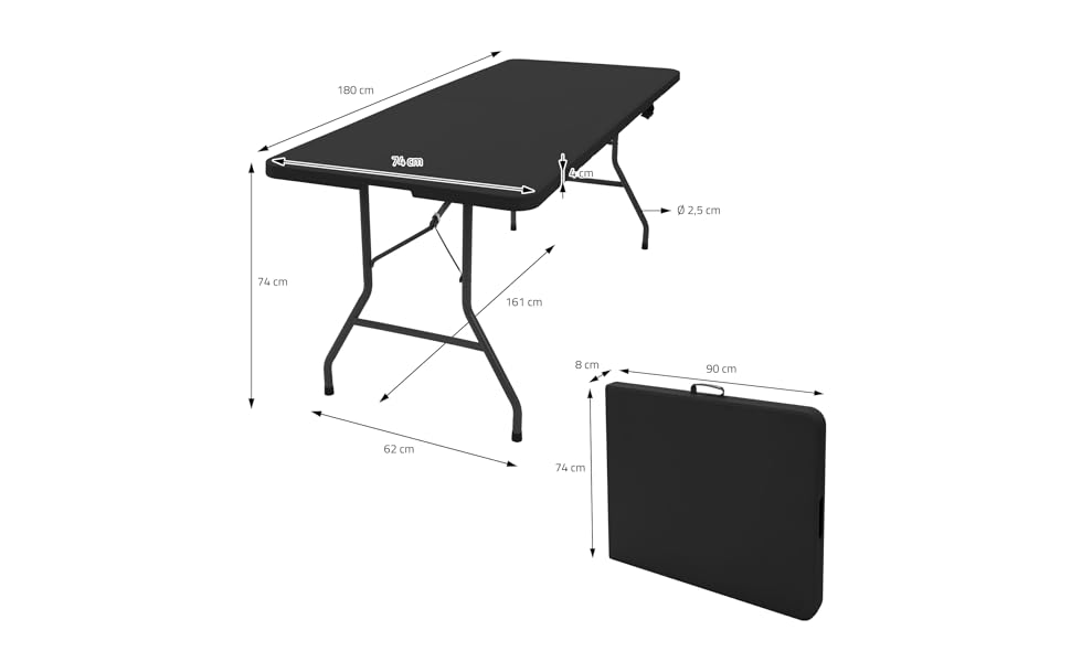 Кемпінговий стіл ML-Design складний чорний 180x74 см пластиковий, розкладний стіл з ручкою для перенесення, відкидний стіл для садової тераси балкон, садовий стіл 6 персон, фуршет стіл для вечірки стіл валіза стіл блошиний ринок стіл