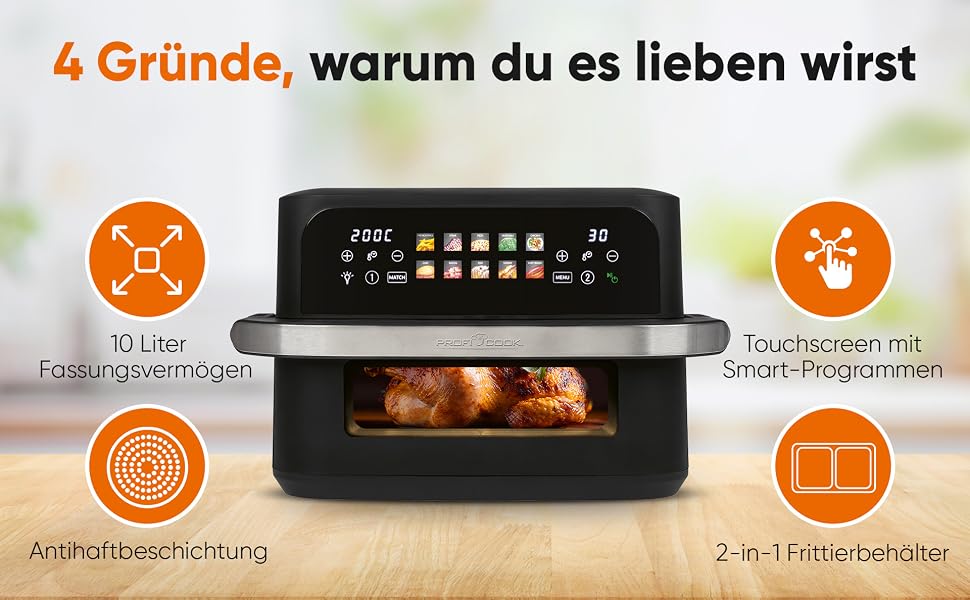 Аерофритюрниця ProfiCook PC FR 1313 H XXL з двома камерами, 10 л, 2400 Вт, сенсорний дисплей, 10 програм, чорна