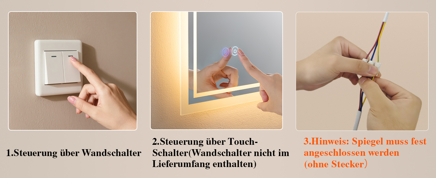 Дзеркало для ванної кімнати з підсвічуванням Badspiegel 50x70см LED, антизапар, сенсорне керування, регулювання яскравості, 3 кольори світла, настінне, горизонтальне/вертикальне