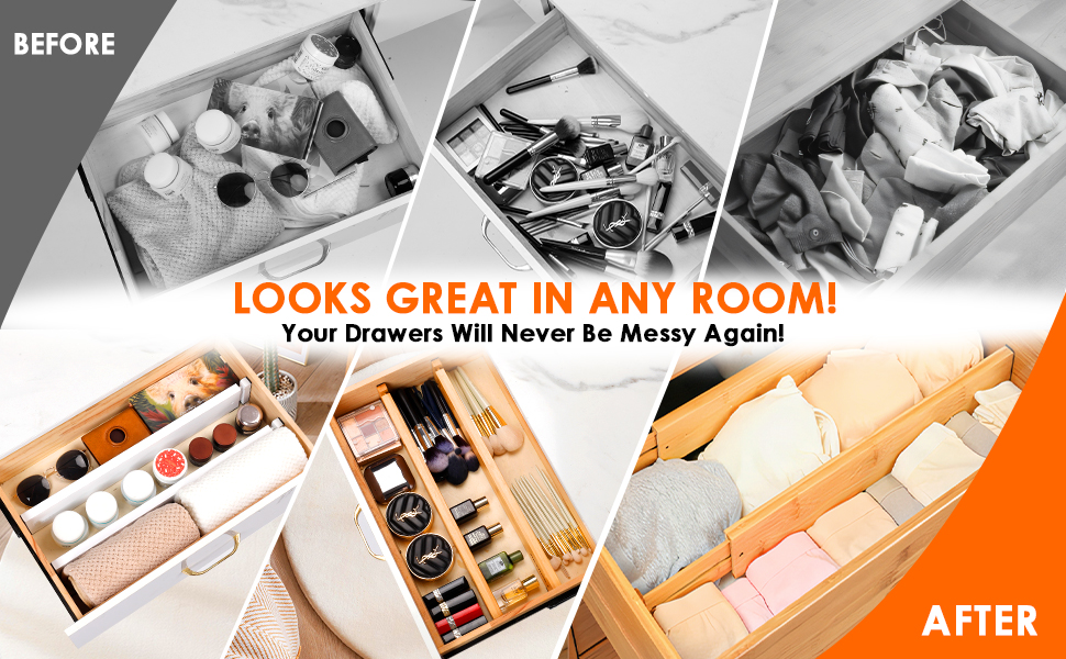 Органайзери для шухляд MUUKAIII (6 шт.) - бамбукові роздільники для шухляд, 43-56 см, 6 см висота, для кухні та шафи - білий