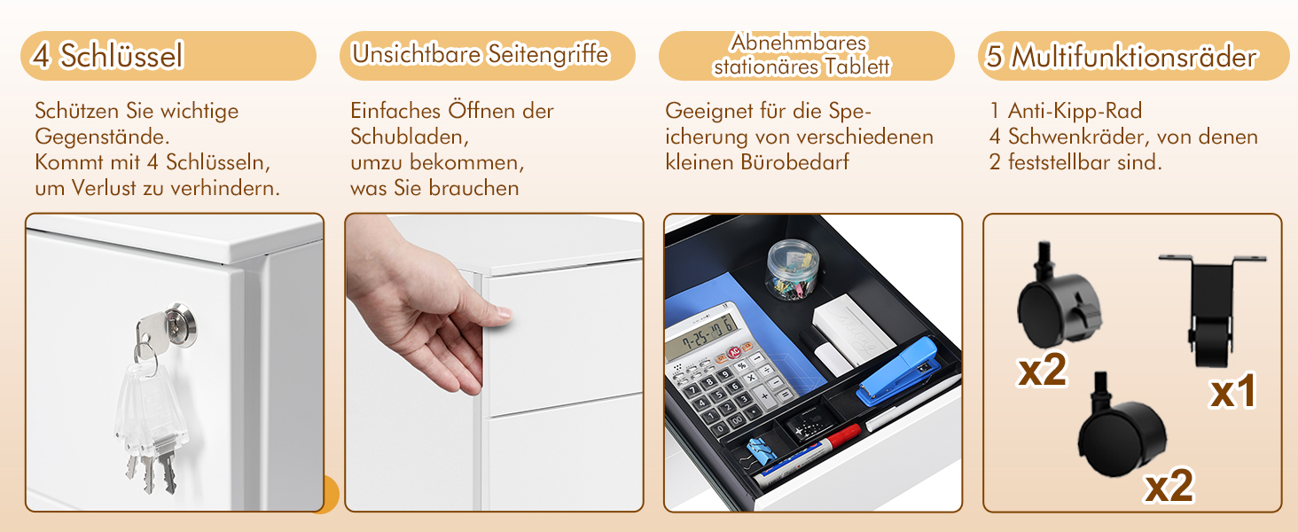 Роликовий контейнер HOMSTEEL з 3 замками, 3 висувні шухляди, для офісу та дому, білий (44T x 37B x 60H см)