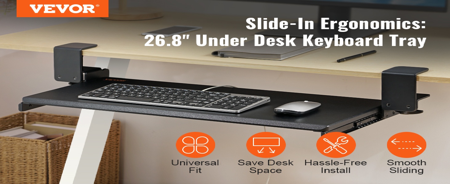 Висувна платформа для клавіатури VEVOR під стіл, 680 x 280 мм, з міцною C-клемою, для дому та офісу