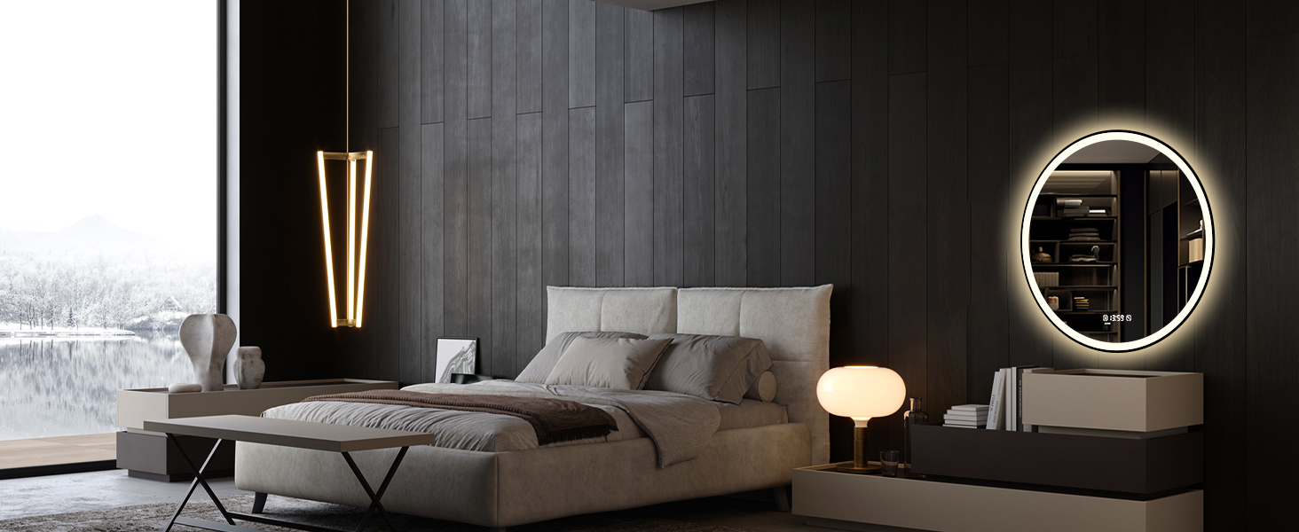 Дзеркало кругле PESENXAN 70см з чорною рамою та підсвічуванням. Антизапарник, диммер, 3 кольори світла, LED, енергозбереження, сенсорна кнопка, функція пам'яті. 60x60 см