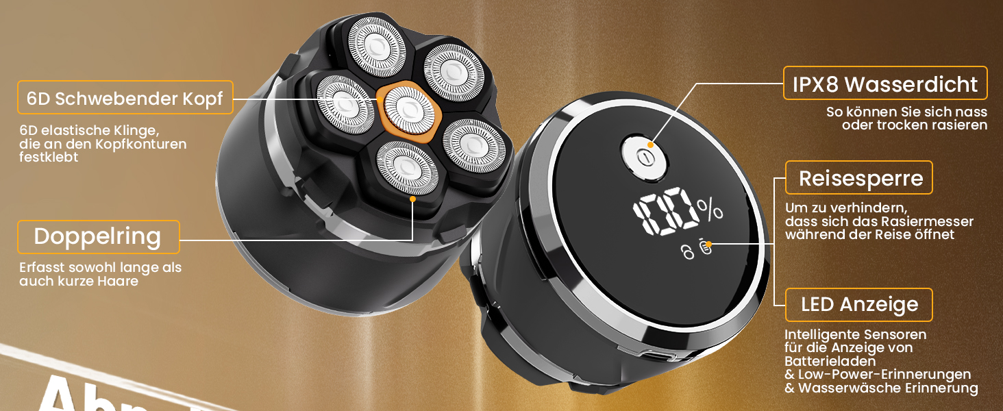 Машинка для гоління голови Glatzen 2026 IPX8, 6D, USB-C, дисплей LED, вологостійка, для сухого та вологого гоління, сіра
