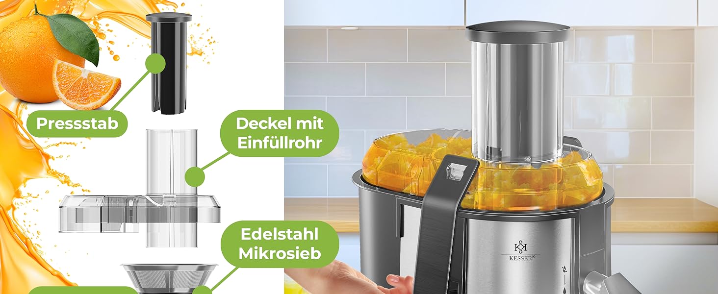 KESSER® Електрична центрифужна соковитискачка для фруктів та овочів з нержавіючої сталі 1100W, велика завантажувальна трубка, 3 швидкості, сірий/срібний колір