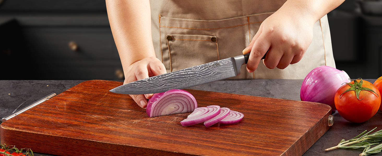 Набір ножів FOHERE 7 предметів: кухонний, для хліба, овочевий, з точилкою та магнітним блоком з нержавіючої сталі та дерева