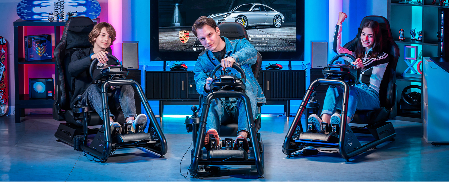 GTPLAYER Симулятор кокпіт для гонок, стійка для керма та педалей, з динаміками, чорний