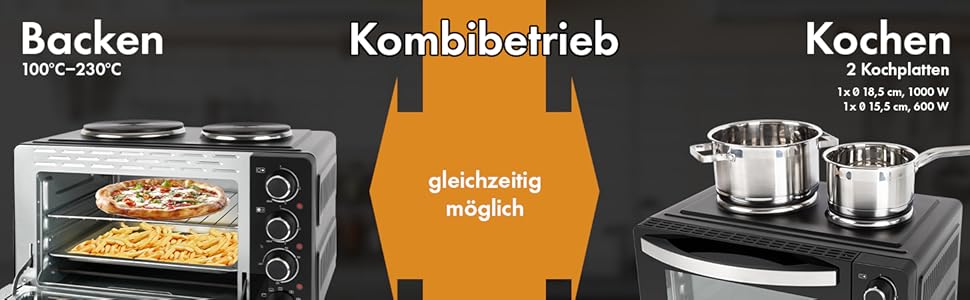 Міні-піч Clatronic® з конфорками та поворотним шампуром | одночасне приготування та випікання | міні-піч 28л конвекція, верхнє/нижнє нагрівання 100°-230°C | електрична міні-піч 3100 Вт з аксесуарами | KK 3786