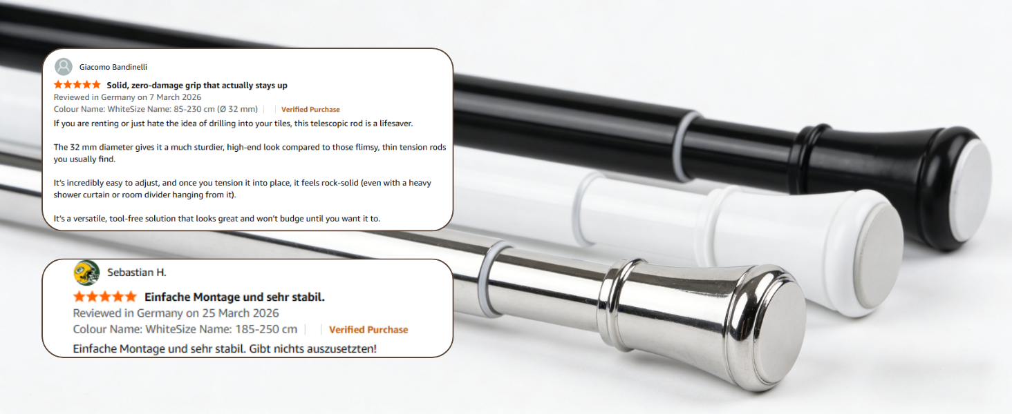 Телескопічний карниз для штор без свердління та гвинтів, розсувна штанга для ванної кімнати та гардероба, біла, 85-265 см (Ø 32 мм)