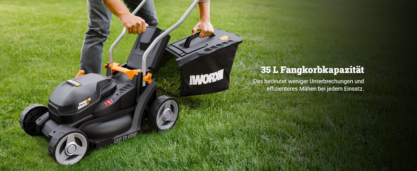 Акумуляторний газонокосарка WORX WG733E 20V, ширина косіння 33 см, об'єм травозлота 35 л, Brushless двигун, 6 положень висоти (25-75 мм), Intellicut, з акумулятором 4Ah та зарядним пристроєм