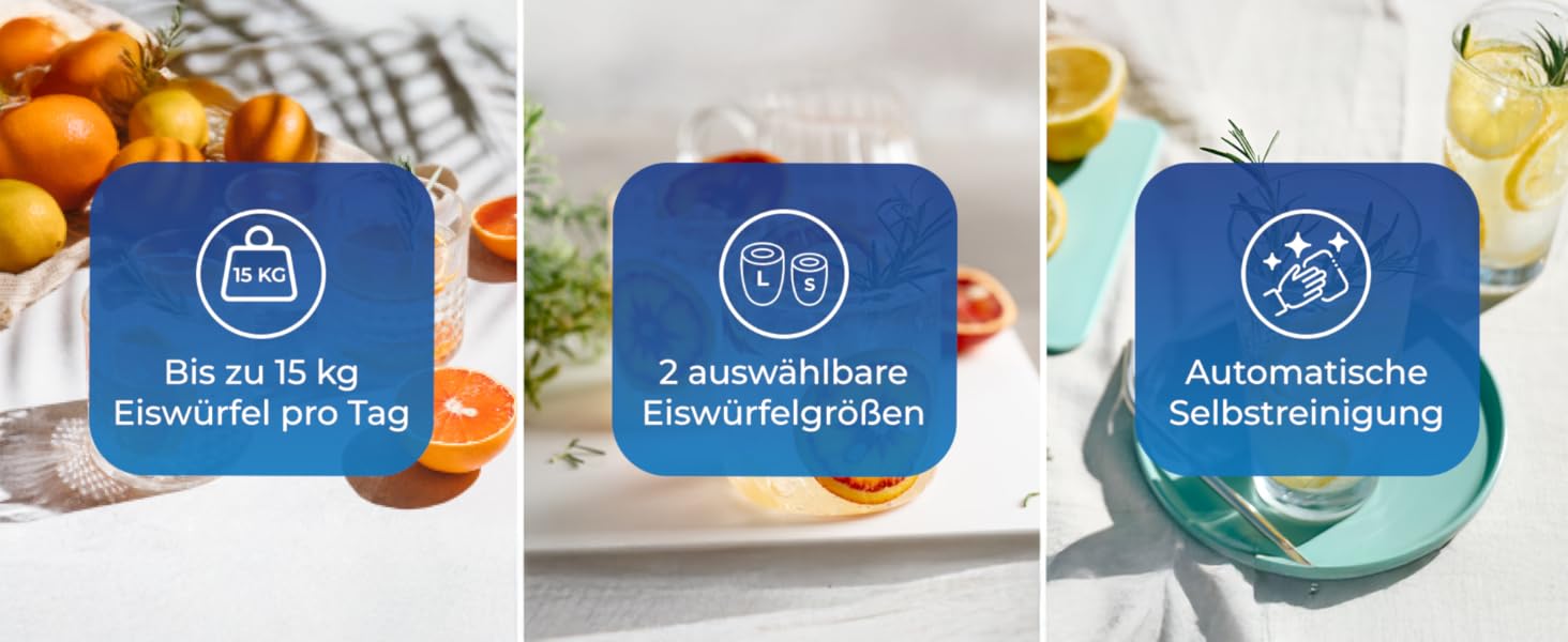 Льодогенератор KLAMER компактний з лопаткою, 2 розміри льоду, 10 кубиків за 7 хв, 15 кг/добу, тихий, з таймером, чорний 2.1л