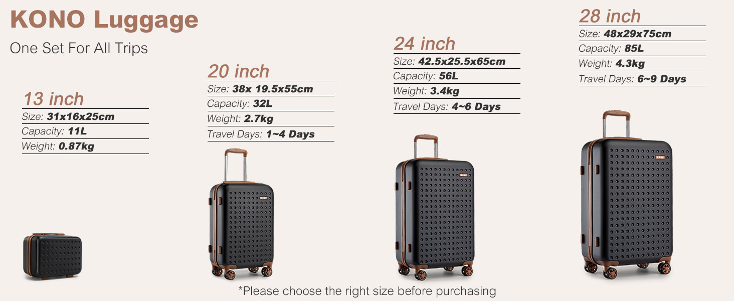 Чотири валізи KONO з ABS пластику, 75 x 48 x 29 см, з TSA замком, ручна поклажа, набір 4 шт. (білий, чорний)