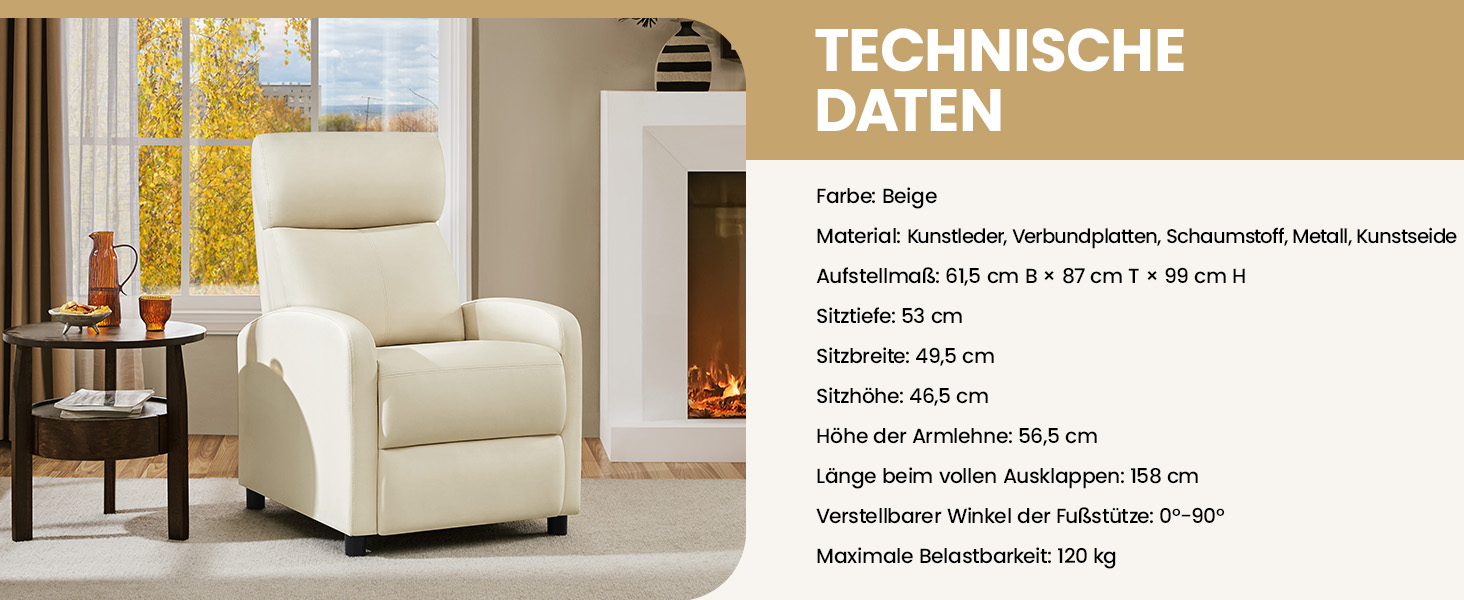 Крісло-релакс Yaheetech з регульованою підніжкою, крісло для телевізора, диван-крісло, крісло для відпочинку (Бежеве, штучна шкіра)