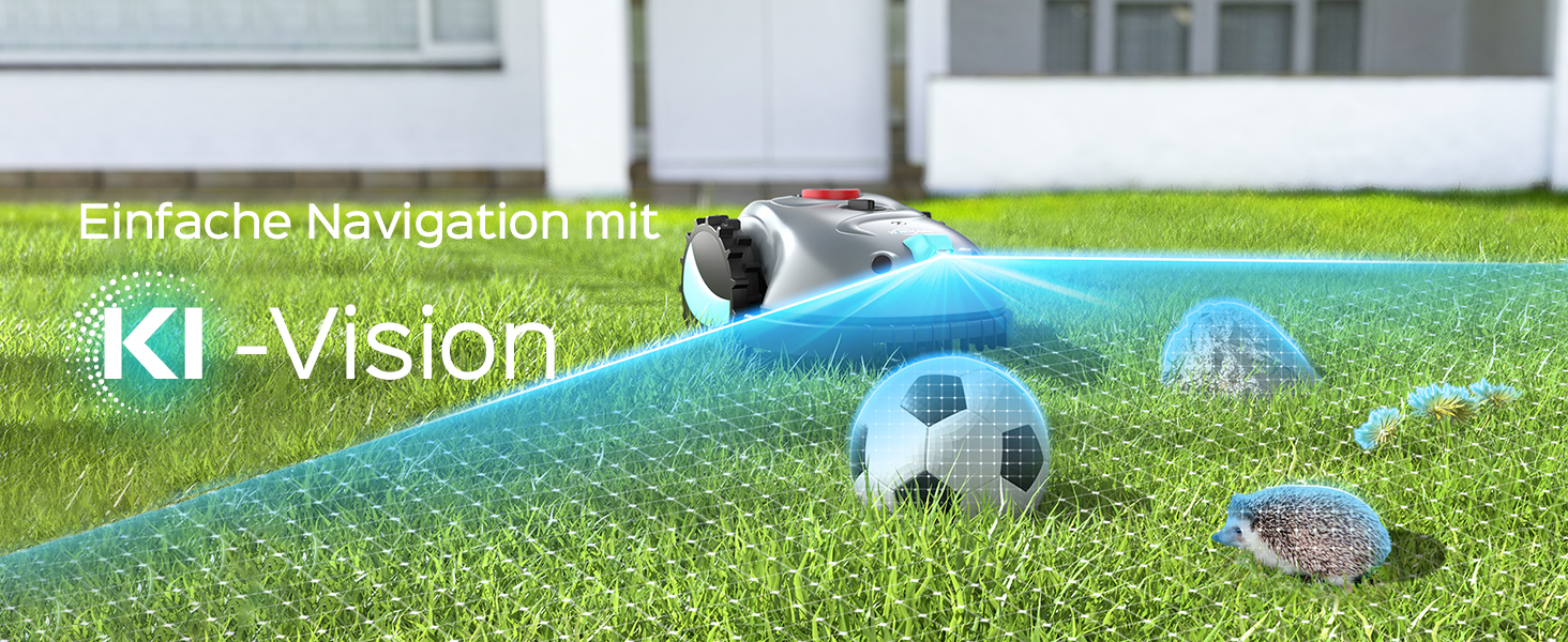 Робот-газонокосилка V100 без обмежувального кабелю з камерою, уникнення перешкод, навігація Vision, акумулятор 4 Ah, 150㎡, запасні леза, спіральне косіння, сірий колір