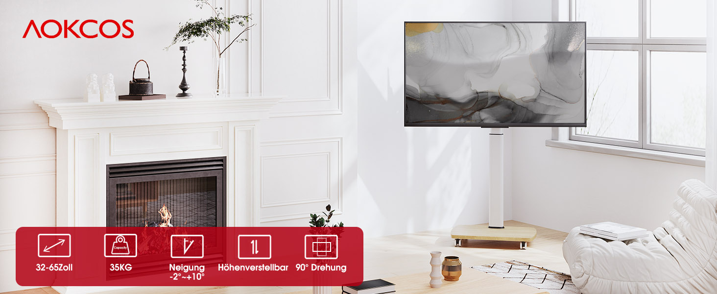 Підставка для телевізора на колесах з полицею, для телевізорів 32-65 дюймів, до 35 кг, поворотна на 90°, регульована по висоті, VESA 400x400mm (Білий+Натуральний колір)