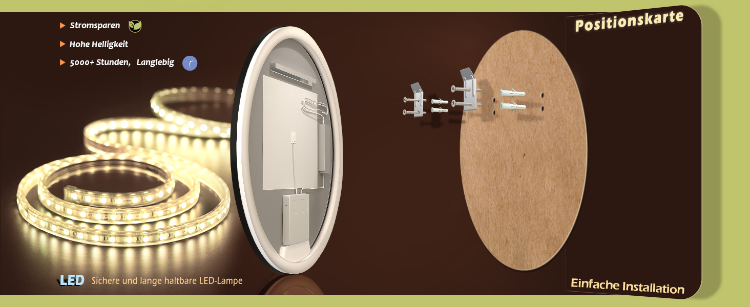 Дзеркало з LED сенсором, кругле, з індукційним датчиком руху, для макіяжу, з підсвічуванням, регульоване освітлення, антизапарник, водонепроникне (IP44), для ванної кімнати, настінне, діаметр 70 см