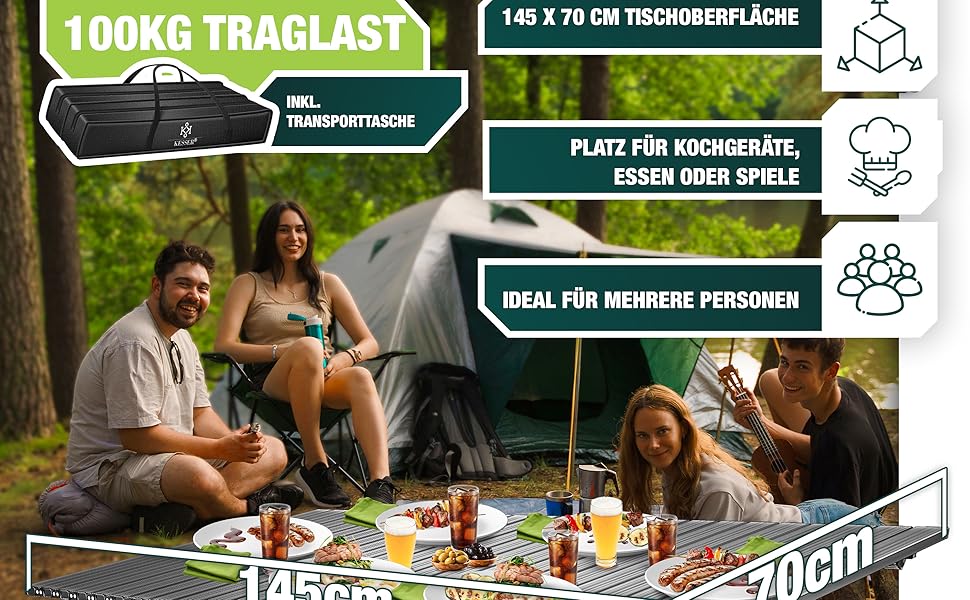Складаний столик KESSER® для кемпінгу з алюмінієвим каркасом, регульована висота 90x53 см, до 100 кг, з сумкою та сітчастою кишенею (145x70 см, антрацит)