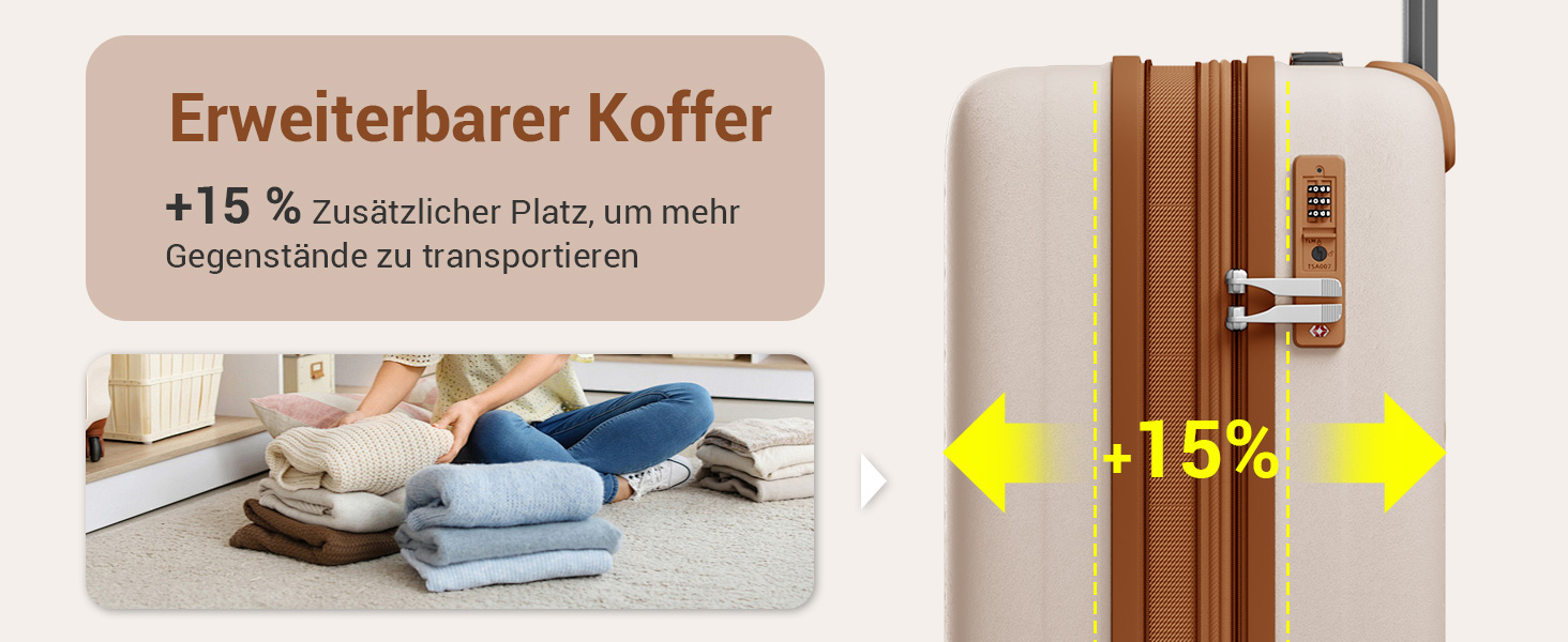 Чемодан ручної поклажі KONO з тримачем для напоїв, жорсткий, легкий, з поліпропілену, розширюваний, 4 колеса, TSA-замок, кремовий/коричневий, M