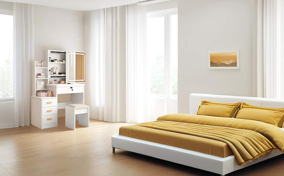 Трюмо YuYe з LED-підсвічуванням, регульованою яскравістю, дзеркалом, пуфом, 5 шухлядами та 3 полицями, сучасний комод для макіяжу з дерева, білий (125)