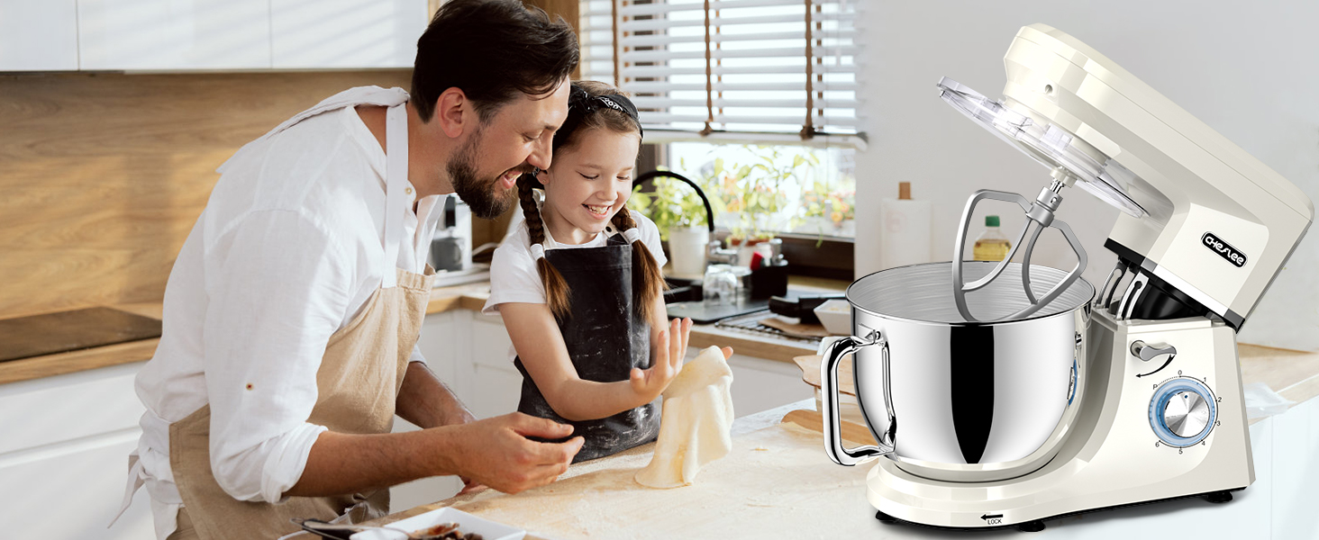 Кухонна машина Cheflee 2000W: потужна планетарна міксер для тіста та збивання, 6 швидкостей, 7.2 л чаша з нержавіючої сталі, гак для тіста та вінчик, захист від бризок (Cream White)