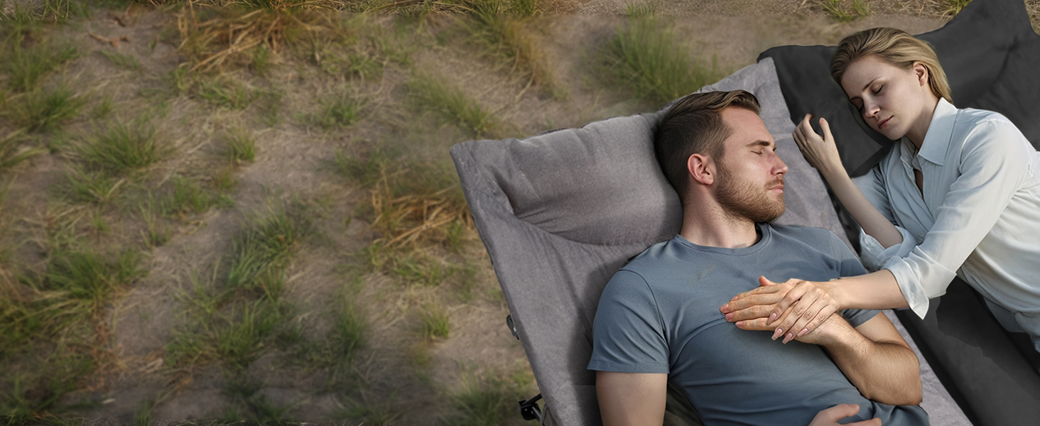 Розкладне кемпінгове ліжко OVERMONT з матрацом, 190x70x40 см, витримує до 250 кг, тканина Оксфорд, з кишенею та сумкою для перенесення, чорне