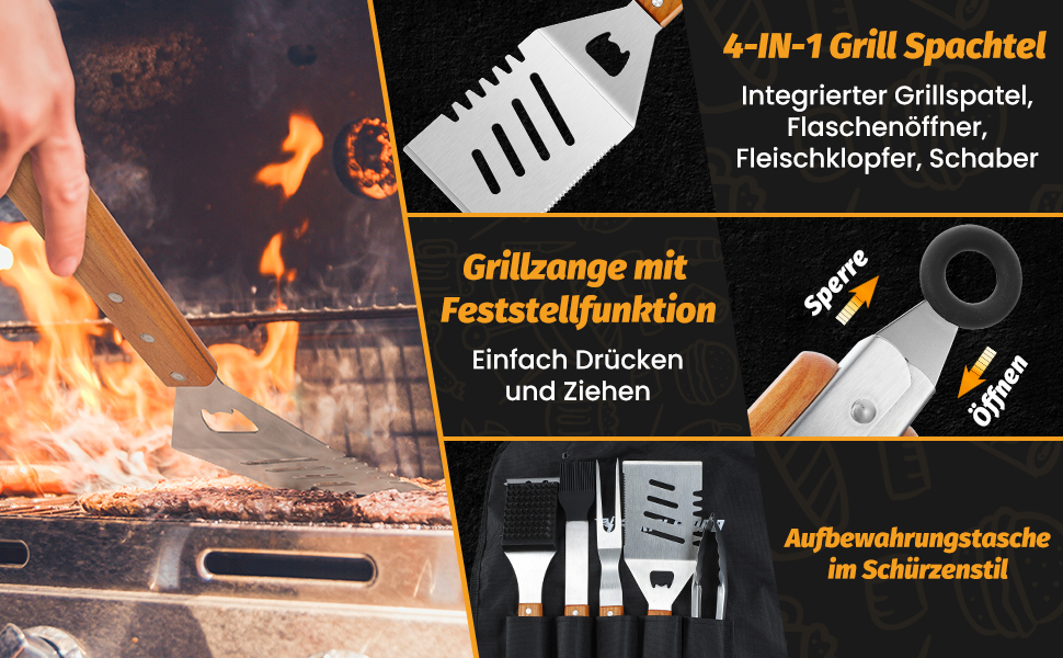 Набір гриль-посуду PURPLEBIRD 5 предметів: професійний набір інструментів з нержавіючої сталі, з чохлом-фартухом та дерев'яними ручками. Ідеально для BBQ, тепаньякі, подарунок для чоловіків.