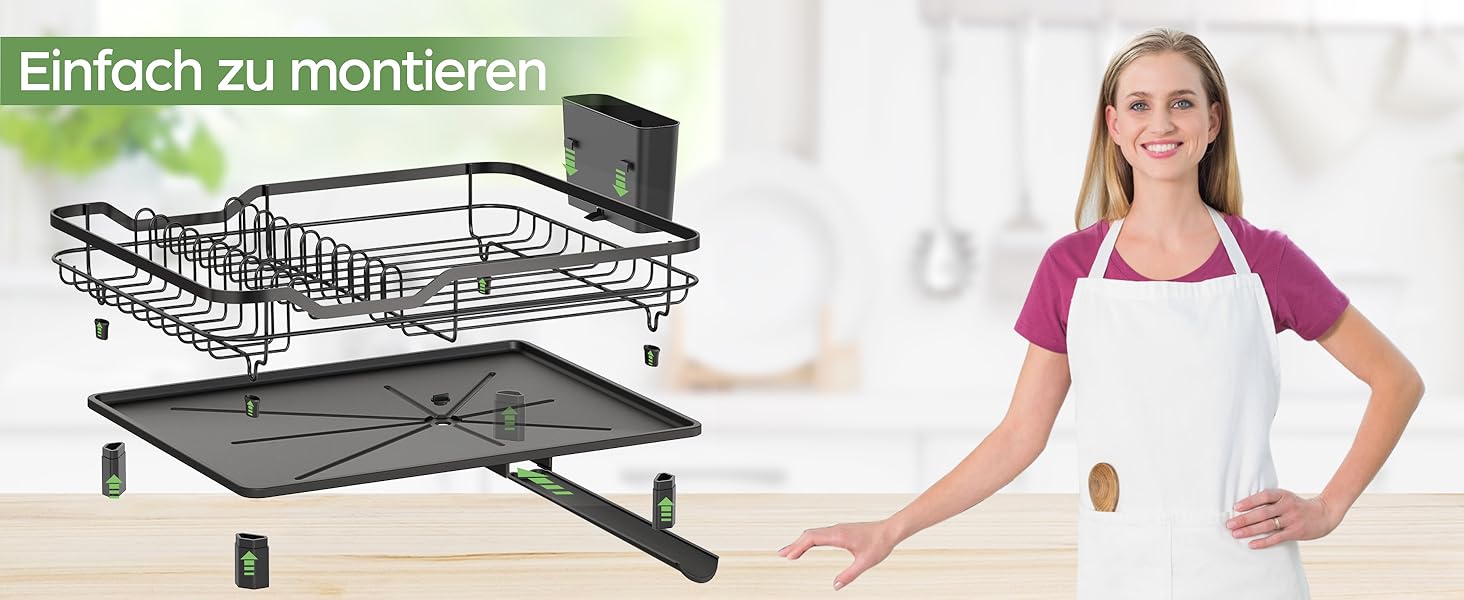 Сушарка для посуду ROTTOGOON розширювана, нержавіюча сталь, з висувним носиком та відділенням для столових приладів, чорна (1-рівнева)