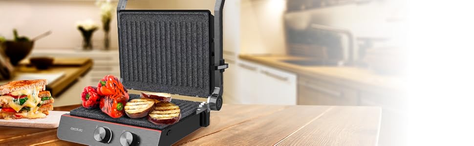 Електричний гриль Cecotec Rock'nGrill Blaze Neon – 2200 Вт, регулювання до 180°, знімні пластини, велика поверхня 29x23 см