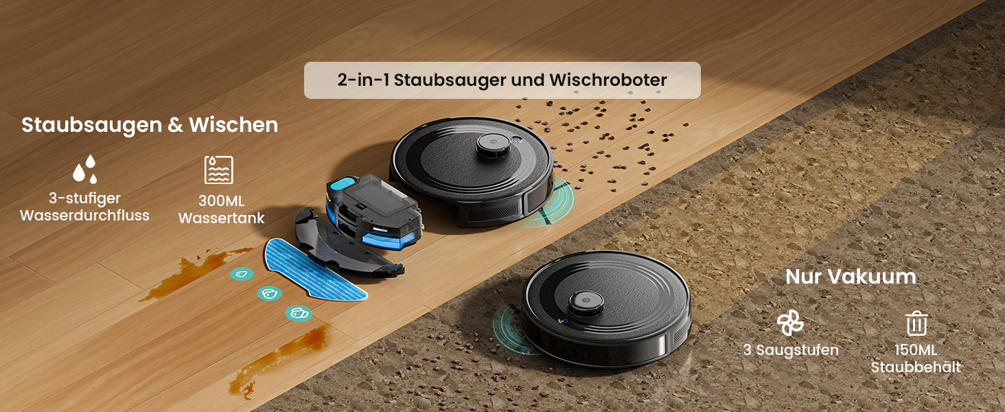 Робот-пилосос LEFANT M2 з функцією миття, 6000Pa, LiDAR-навігація, зони заборони, 140 хв, багатоступінчасте мапування, для тварин, килимів та твердих підлог (M2S-B)