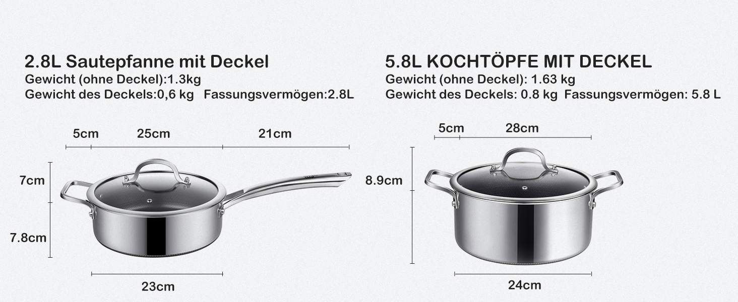 Набір каструль з нержавіючої сталі 10-ти частинний, індукційне дно, антипригарне покриття, 20/24 см сковороди, 1,5/2,5л каструлі з ручками, 5,8л ковшик, 2,8л сотейник, підходить для всіх типів плит, можна використовувати в духовці та мити в посудомийній машині