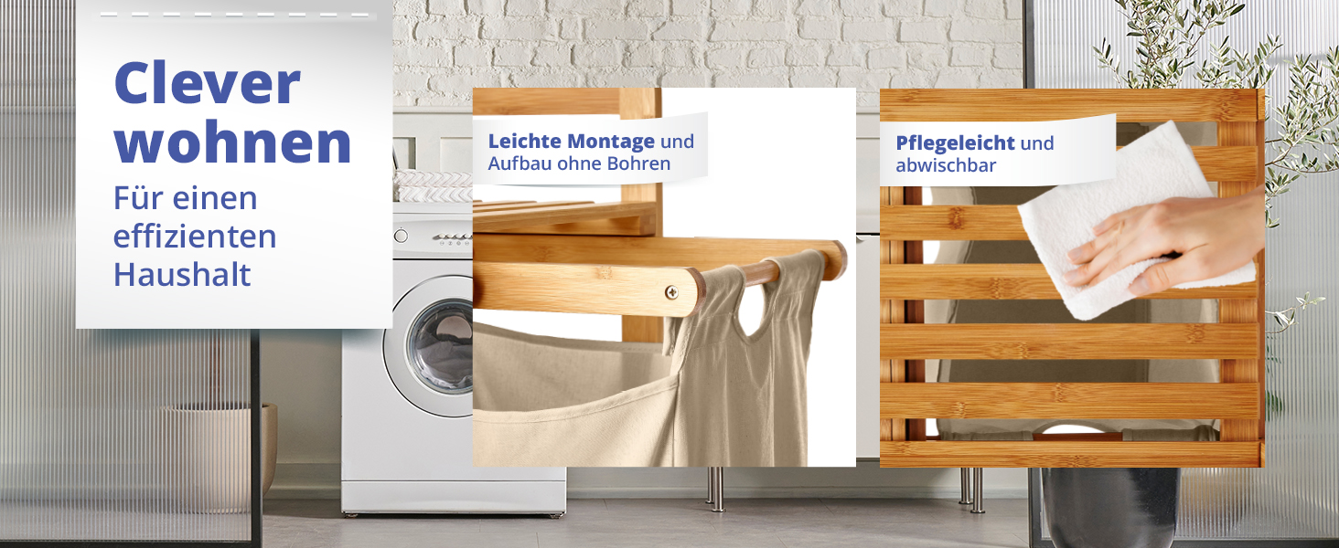 Кошик для білизни Lumaland з бамбука з 2 висувними мішками для білизни | Легкий у догляді, стійкий до вологи, легко очищується | Висота 73 см x 64 см (ширина) x 33 см (глибина) [Бежевий] 2 відділення для білизни, 2 мішки для білизни | Бежевий