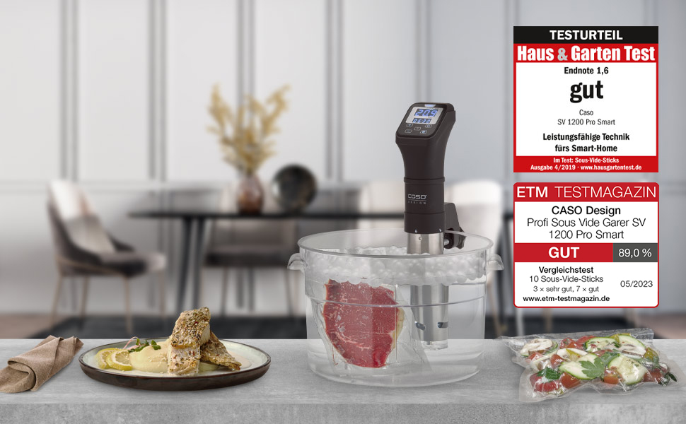 CASO SV 1200 Pro Smart - Су-від гастрономічний прилад: точне регулювання температури до 90°C, водонепроникний, керування через додаток CASO Control, об'єм до 30 літрів