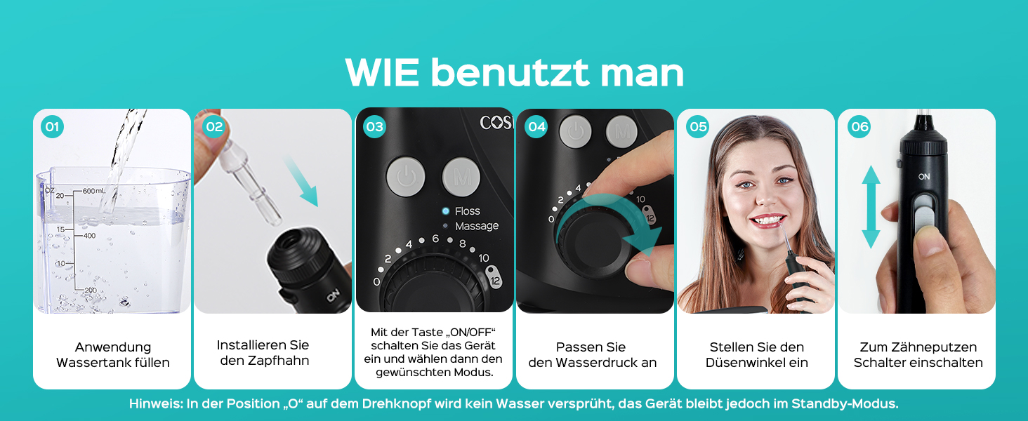 Електрична зубна душ COSLUS Munddusche Professional з 2 режимами та 12 рівнями тиску – 600 мл резервуар для води. Підходить для сімей, ентузіастів орального здоров'я та пацієнтів з ортодонтичними конструкціями. 5 насадок, чорний колір.
