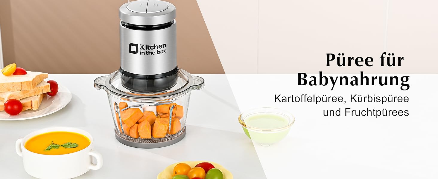 Електричний подрібнювач для кухні Kitchen in the Box 400W з 2 чашами (2L+2L) та двосторонніми лезами з нержавіючої сталі. Подрібнювач для м'яса, овочів, цибулі, фруктів срібного кольору.